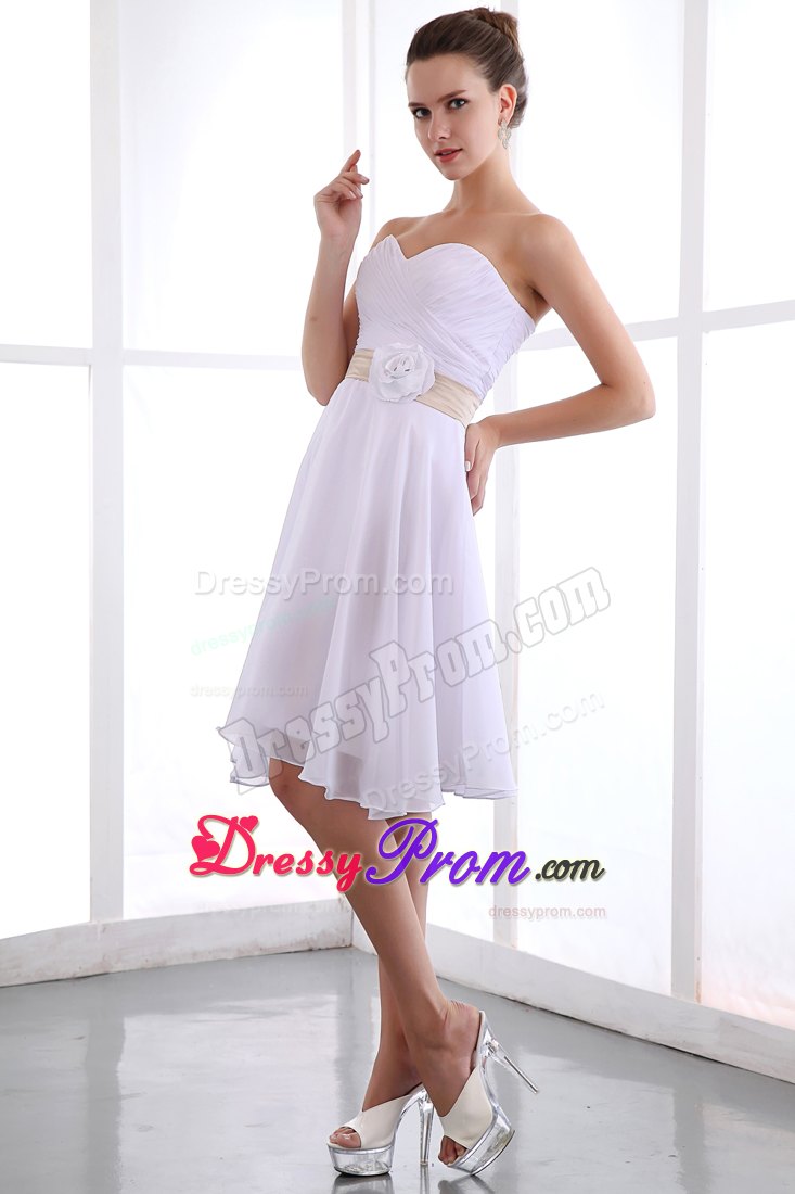 A-line Sweetheart Chiffon White Prom Court Dresses with Hand Flower