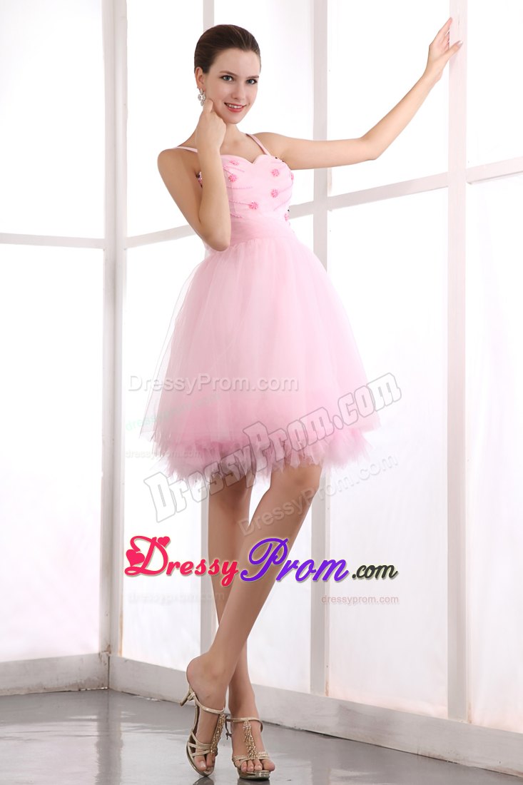 Pink Beading A-line Straps Mini-length Organza Prom Dress in Campbelltown