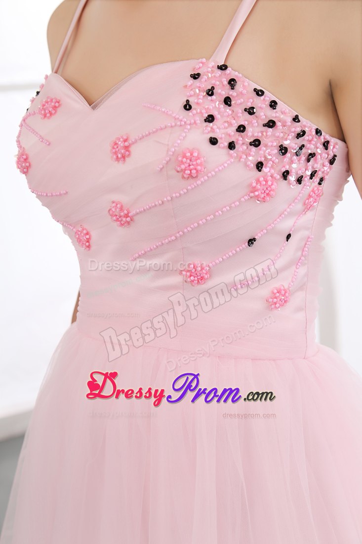 Pink Beading A-line Straps Mini-length Organza Prom Dress in Campbelltown