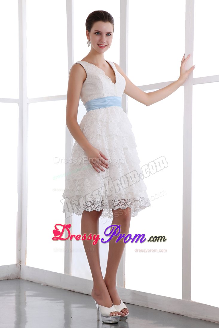 A-line V-neck Mini-length White Lace Prom Dress with Sash in Broken Hill