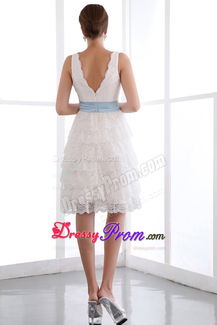 A-line V-neck Mini-length White Lace Prom Dress with Sash in Broken Hill