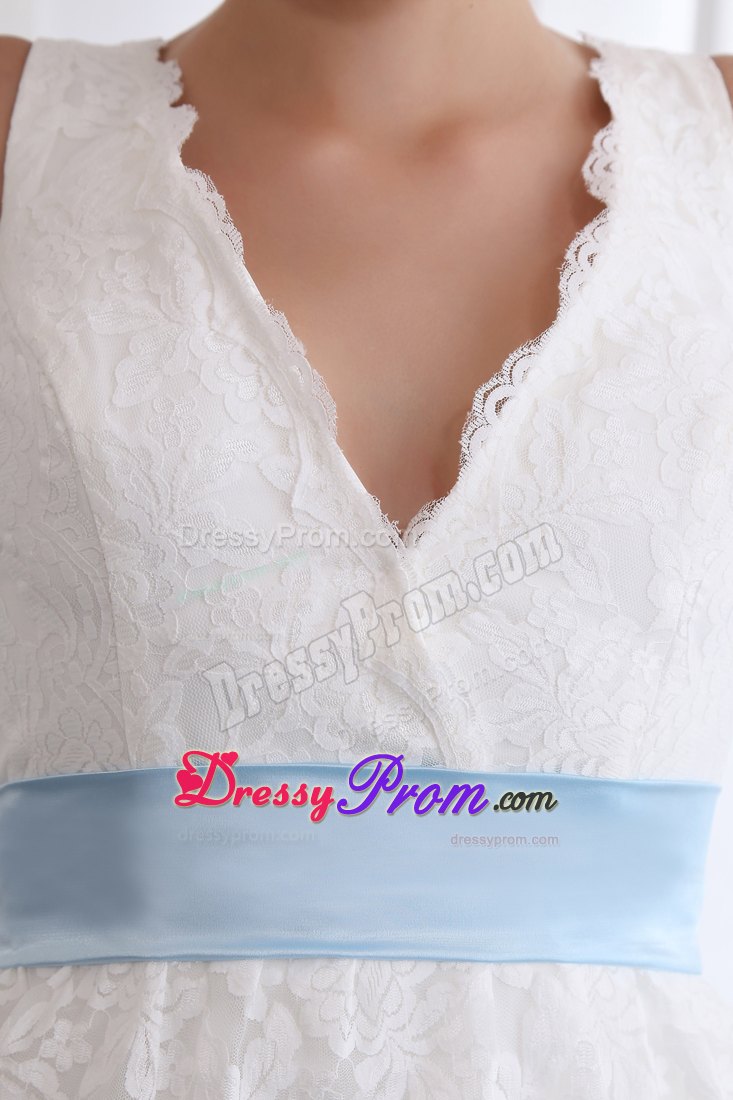 A-line V-neck Mini-length White Lace Prom Dress with Sash in Broken Hill