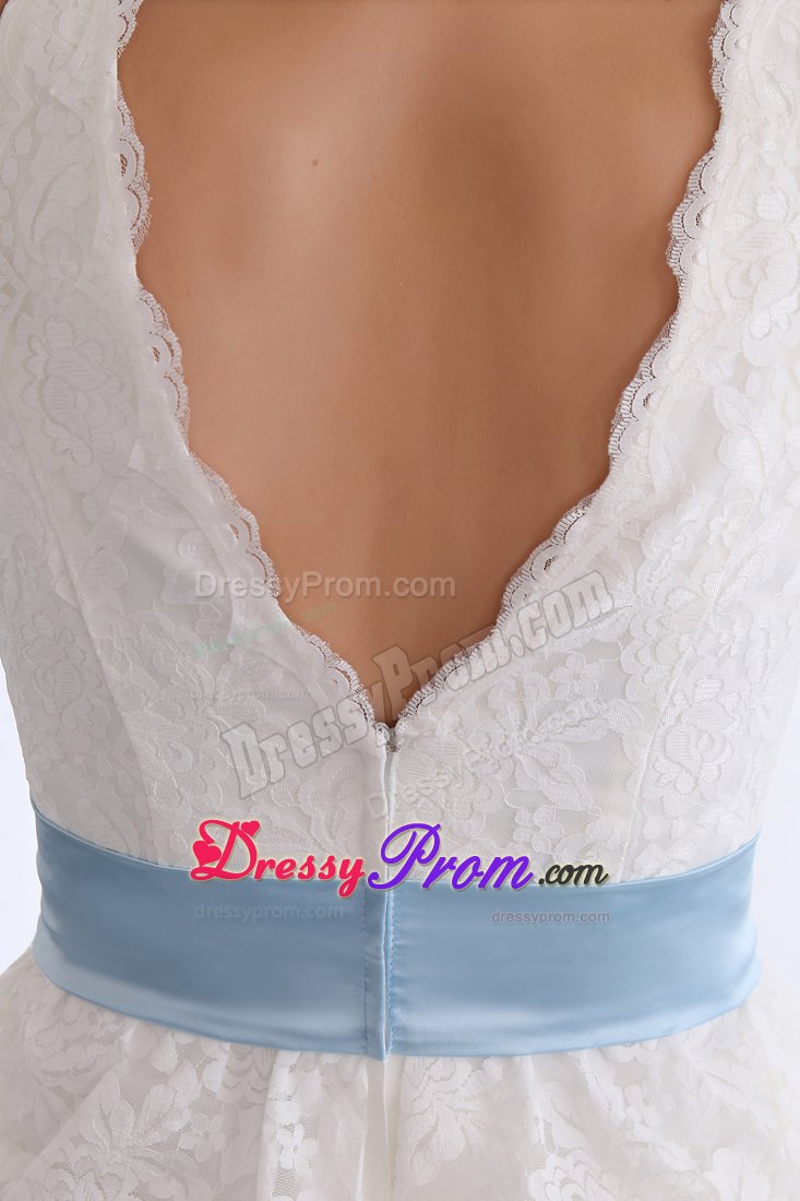 A-line V-neck Mini-length White Lace Prom Dress with Sash in Broken Hill