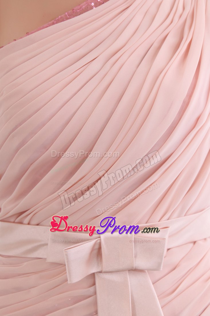 Sequin One Shoulder Baby Pink Column Chiffon Dresses For Prom Court