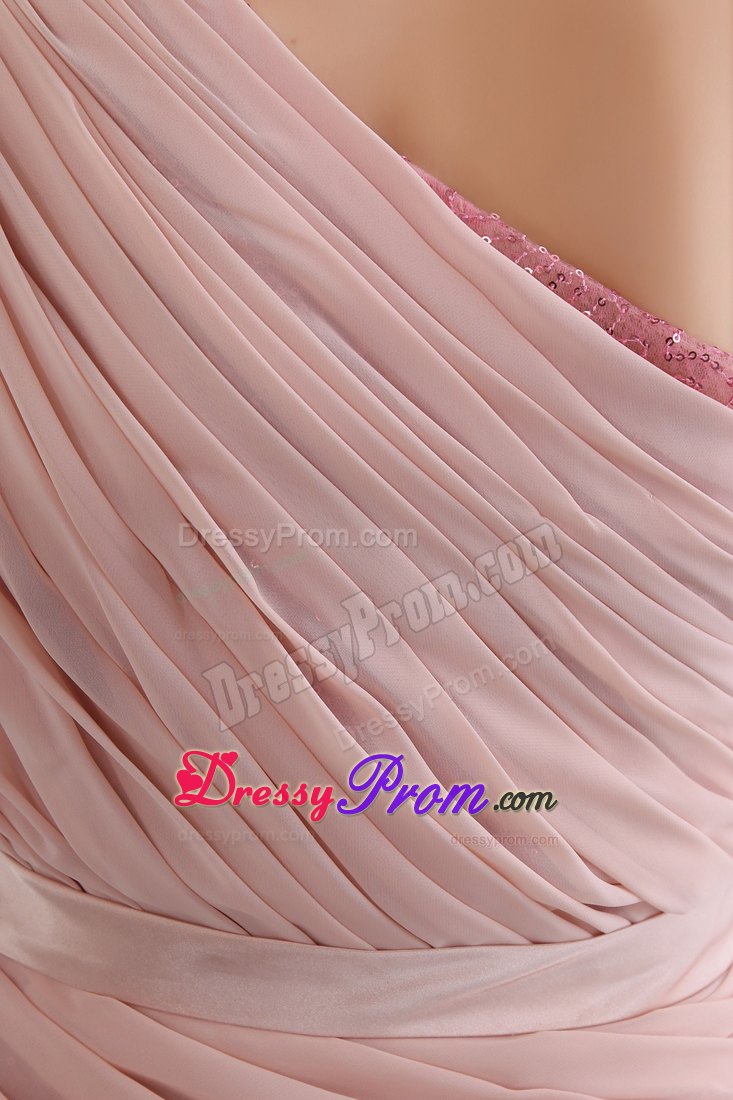 Sequin One Shoulder Baby Pink Column Chiffon Dresses For Prom Court