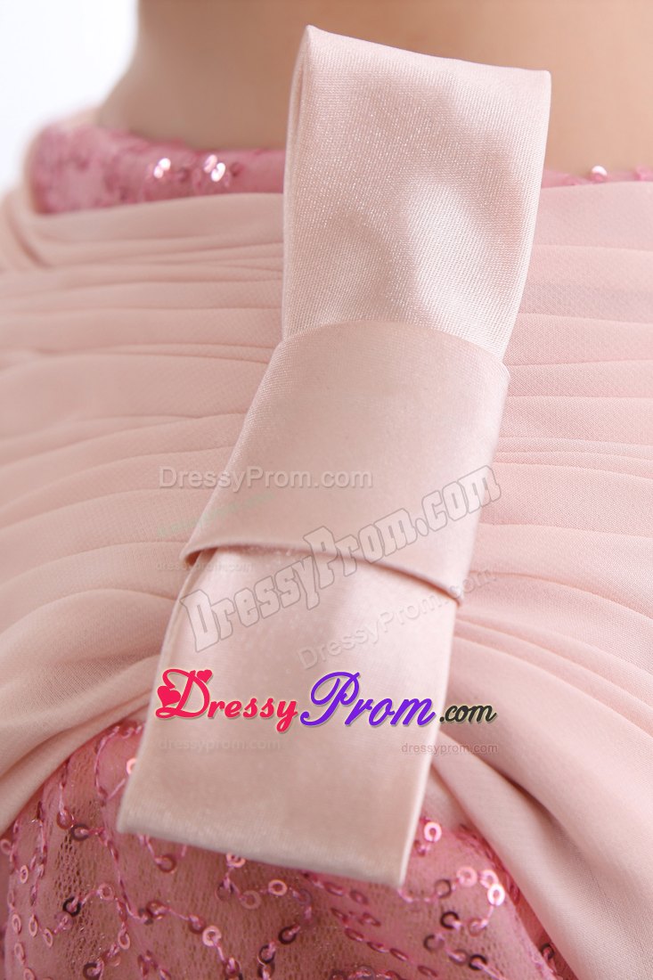 Sequin One Shoulder Baby Pink Column Chiffon Dresses For Prom Court