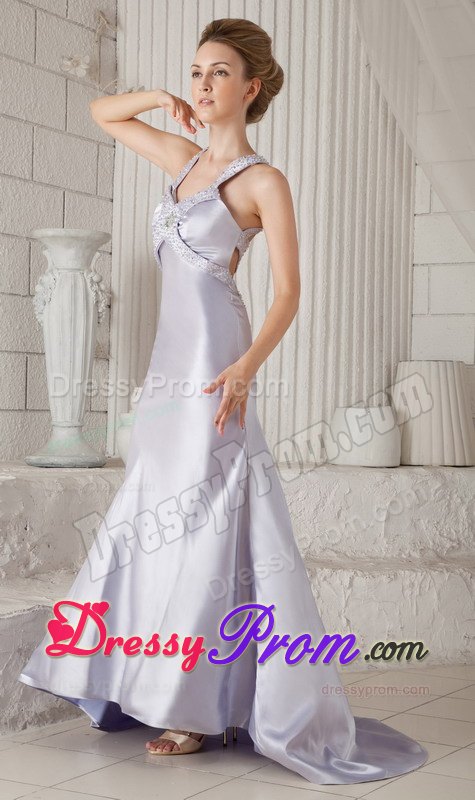 Light Lilac Straps Beading Homecoming Dress with Brush Train