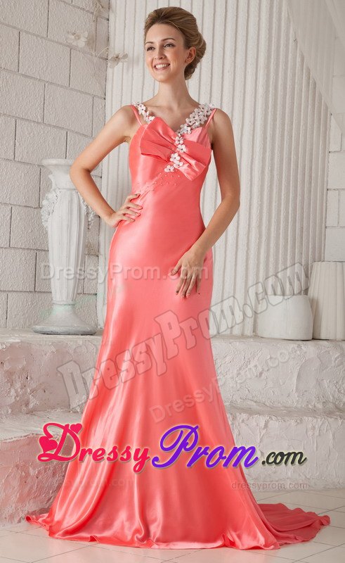 Watermelon Spaghetti Straps Brush Train Beading Prom Dresses