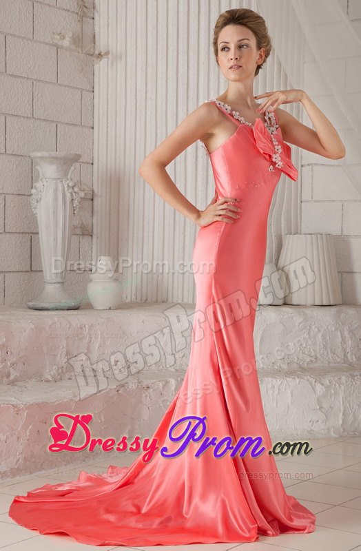 Watermelon Spaghetti Straps Brush Train Beading Prom Dresses