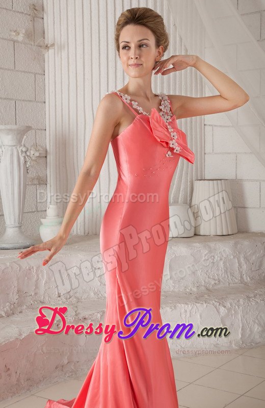 Watermelon Spaghetti Straps Brush Train Beading Prom Dresses