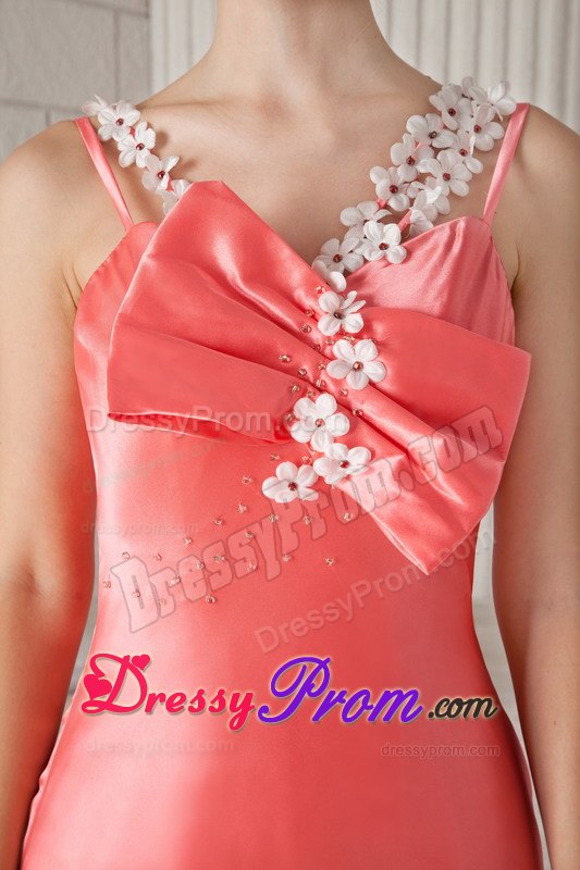 Watermelon Spaghetti Straps Brush Train Beading Prom Dresses