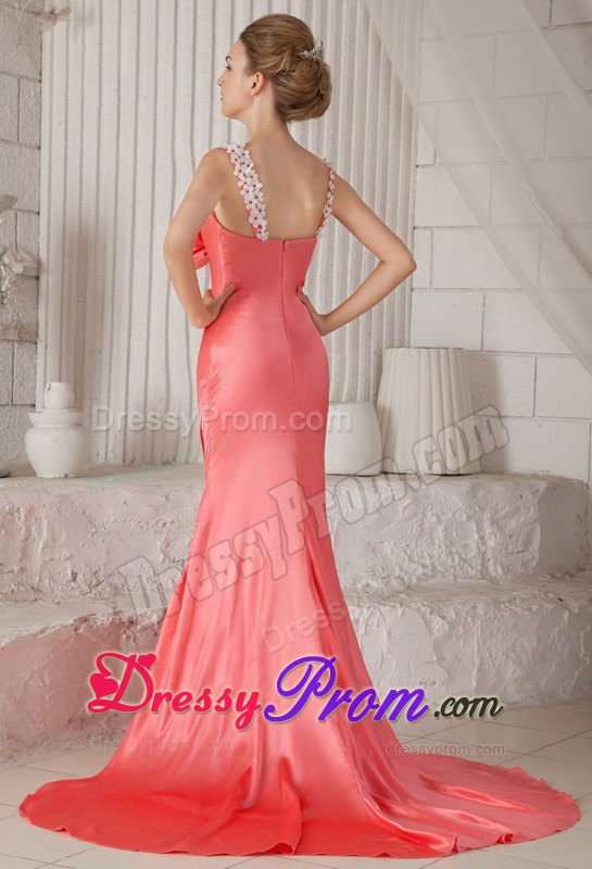 Watermelon Spaghetti Straps Brush Train Beading Prom Dresses