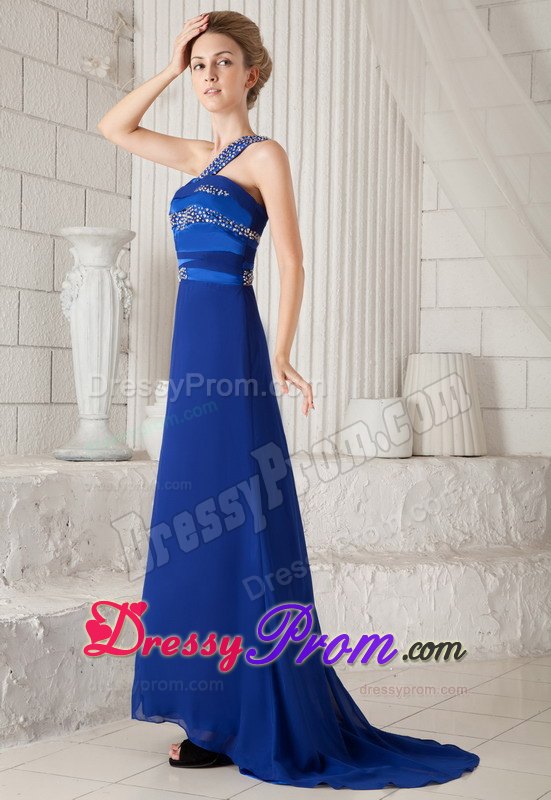 Royal Blue One Shoulder Beading Decorate Prom Dress With Train