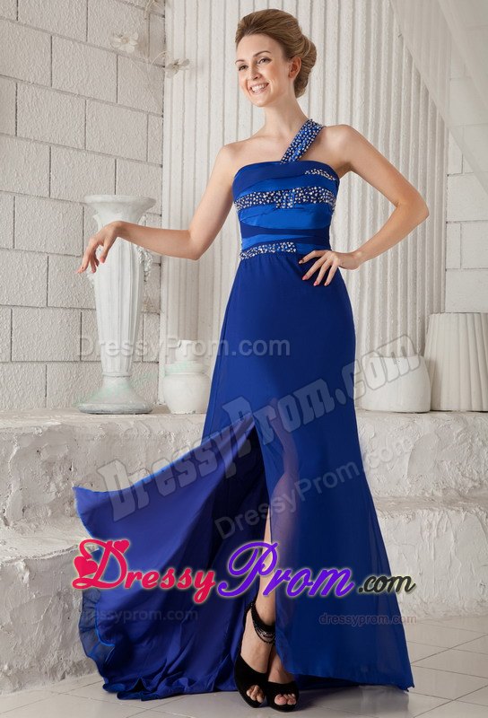 Royal Blue One Shoulder Beading Decorate Prom Dress With Train