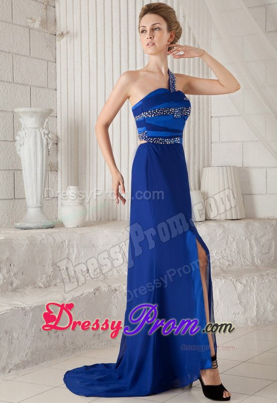 Royal Blue One Shoulder Beading Decorate Prom Dress With Train