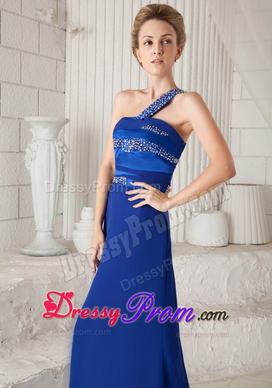 Royal Blue One Shoulder Beading Decorate Prom Dress With Train