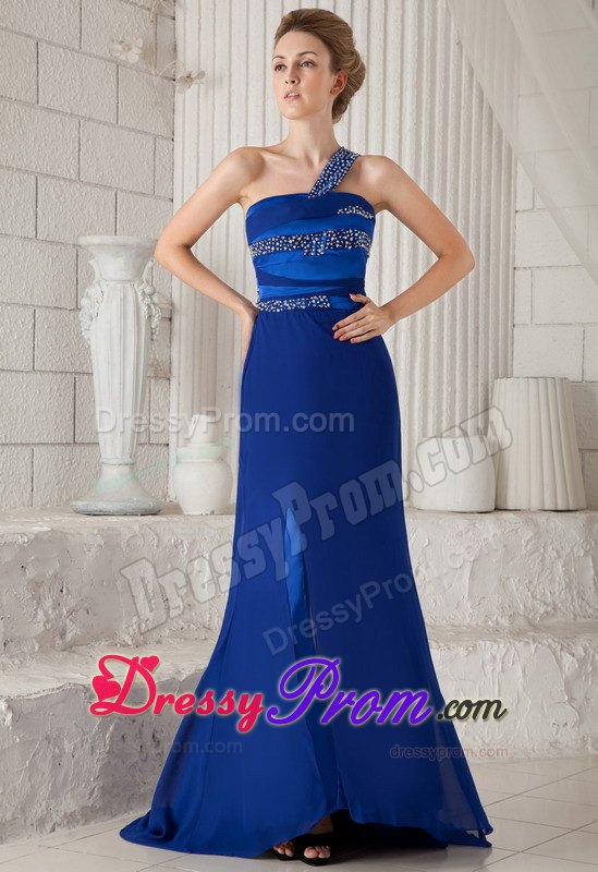 Royal Blue One Shoulder Beading Decorate Prom Dress With Train