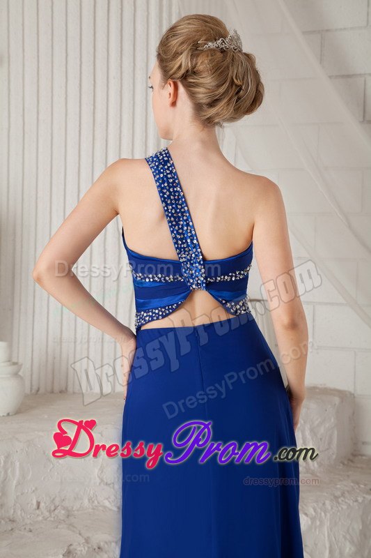 Royal Blue One Shoulder Beading Decorate Prom Dress With Train