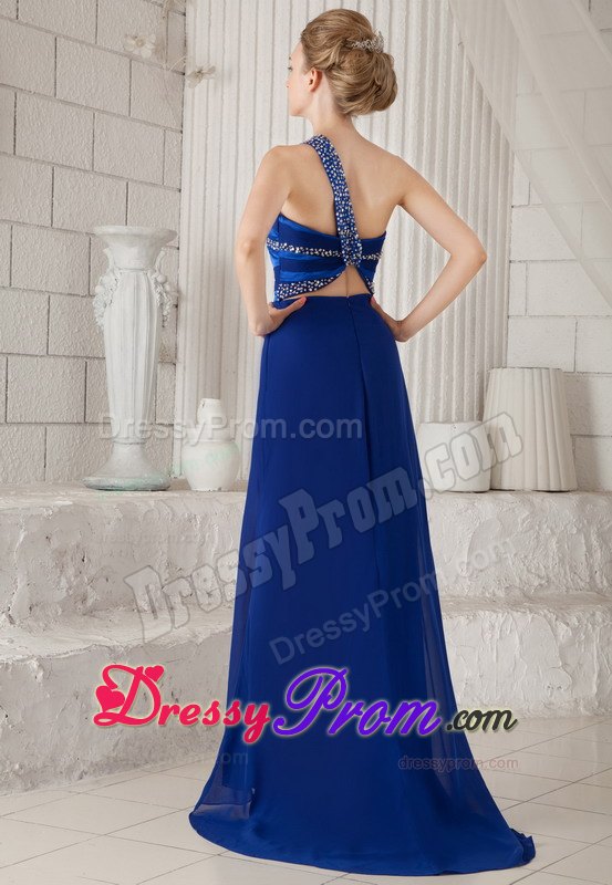 Royal Blue One Shoulder Beading Decorate Prom Dress With Train