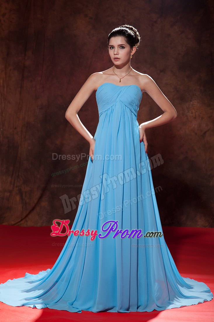 Lovely Aqua Blue Empire Strapless Evening Dress Court Tain Ruches