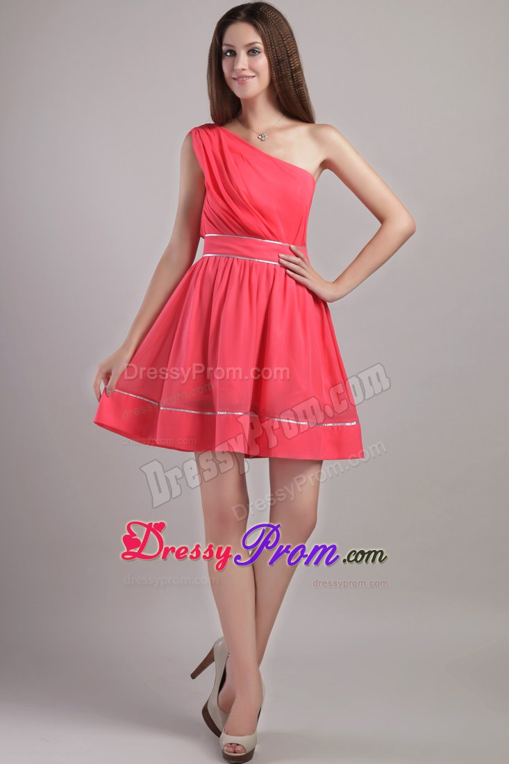 Coral Red A-line One Shoulder Mini-length Chiffon Cocktail Dress
