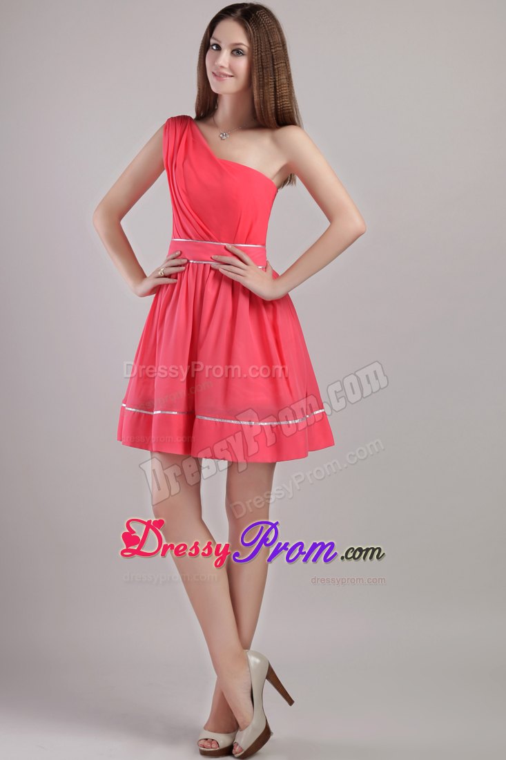 Coral Red A-line One Shoulder Mini-length Chiffon Cocktail Dress