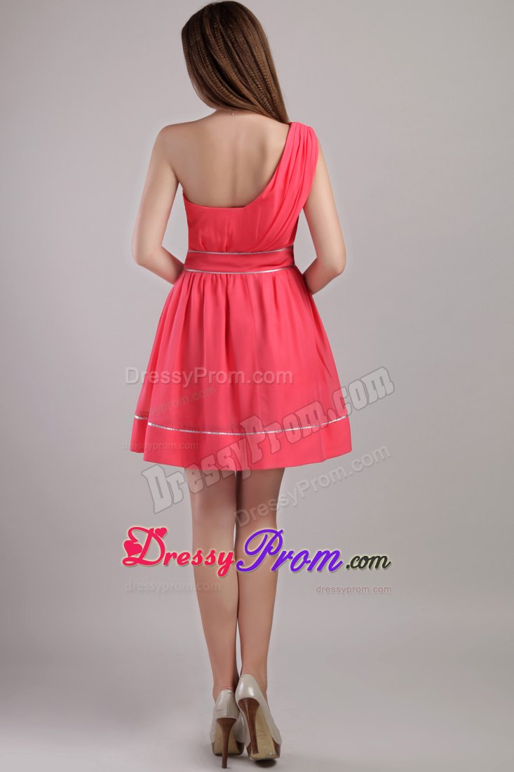 Coral Red A-line One Shoulder Mini-length Chiffon Cocktail Dress