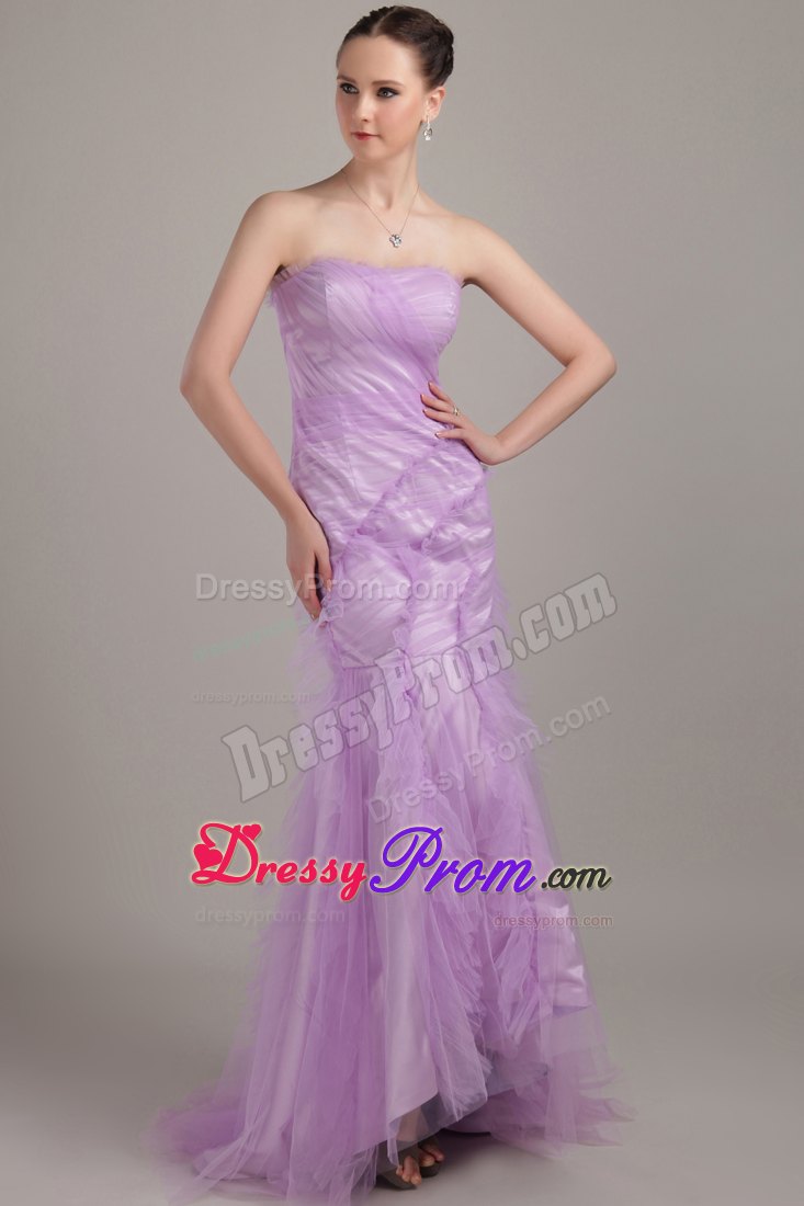 Lavender Mermaid Strapless Brush Train Tulle Ruch Prom Dress