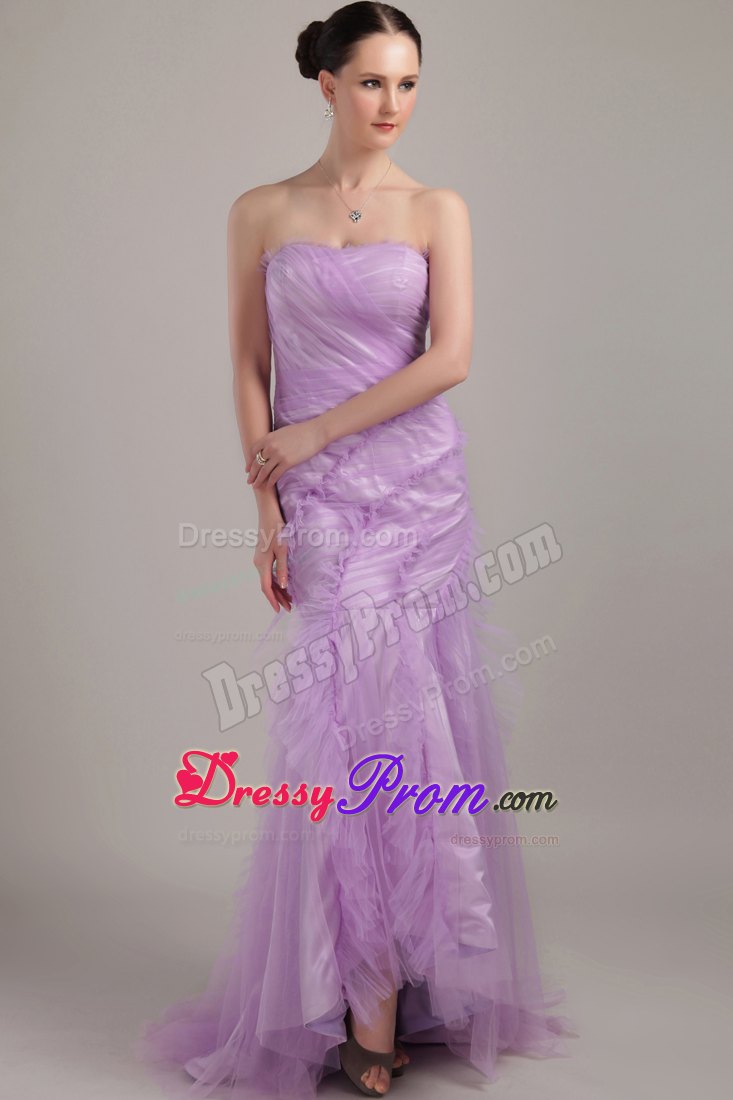 Lavender Mermaid Strapless Brush Train Tulle Ruch Prom Dress