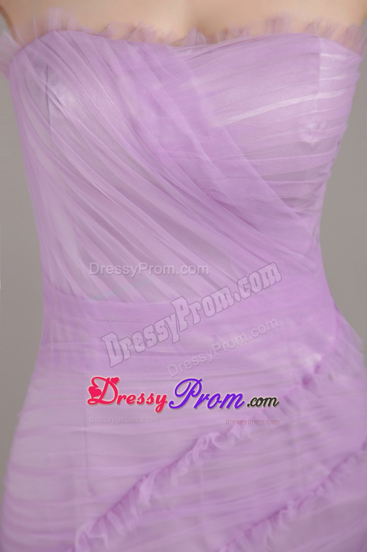 Lavender Mermaid Strapless Brush Train Tulle Ruch Prom Dress