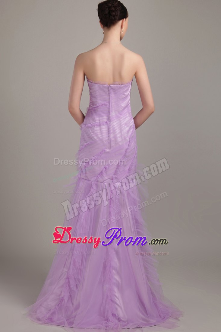 Lavender Mermaid Strapless Brush Train Tulle Ruch Prom Dress