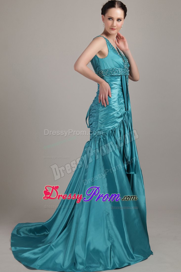 Cheap A-line V-neck Teal Prom Gown Dress with Ruche Beading