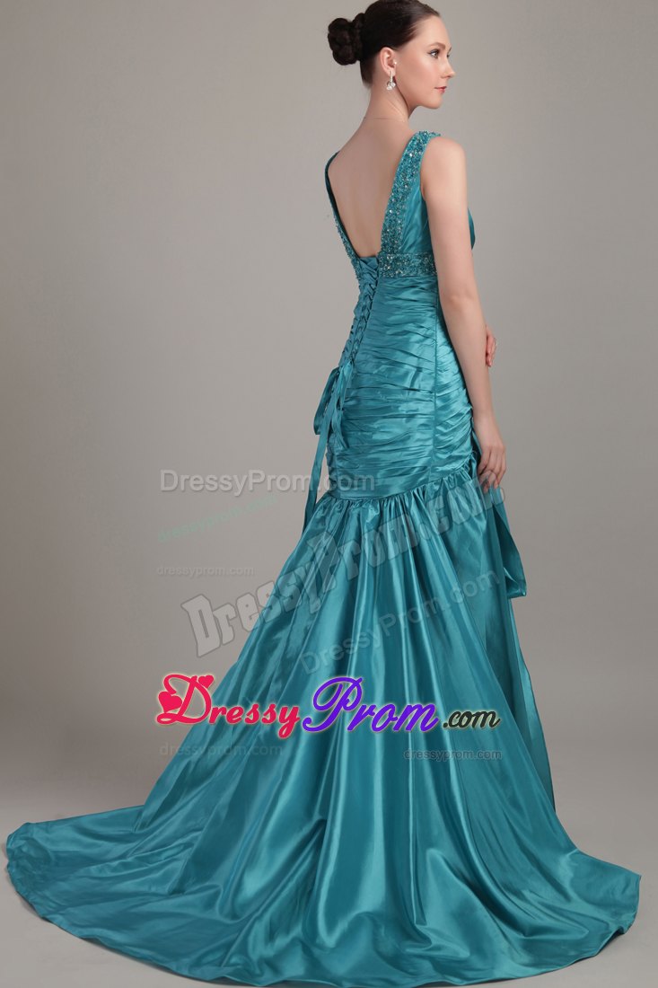 Cheap A-line V-neck Teal Prom Gown Dress with Ruche Beading