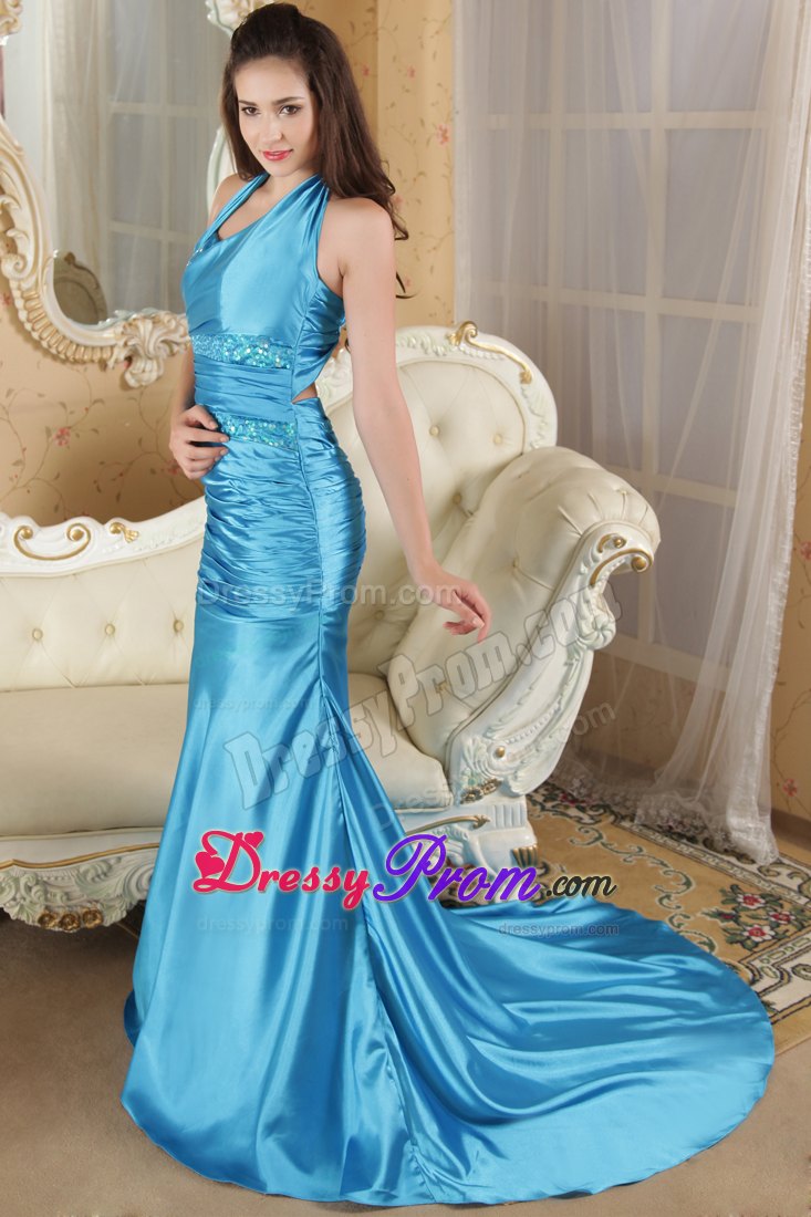 Elastic Woven Satin Blue Paillette Ruched Prom formal Dresses
