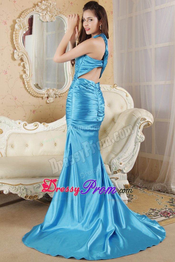 Elastic Woven Satin Blue Paillette Ruched Prom formal Dresses