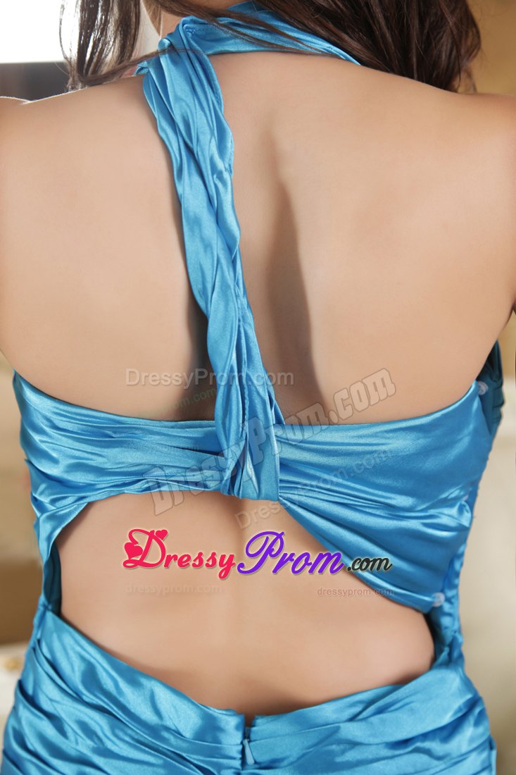 Elastic Woven Satin Blue Paillette Ruched Prom formal Dresses