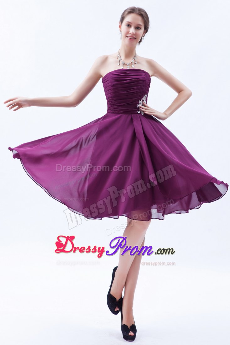 A-line Strapless Dark Purple Chiffon Prom Graduation Dress with Appliques