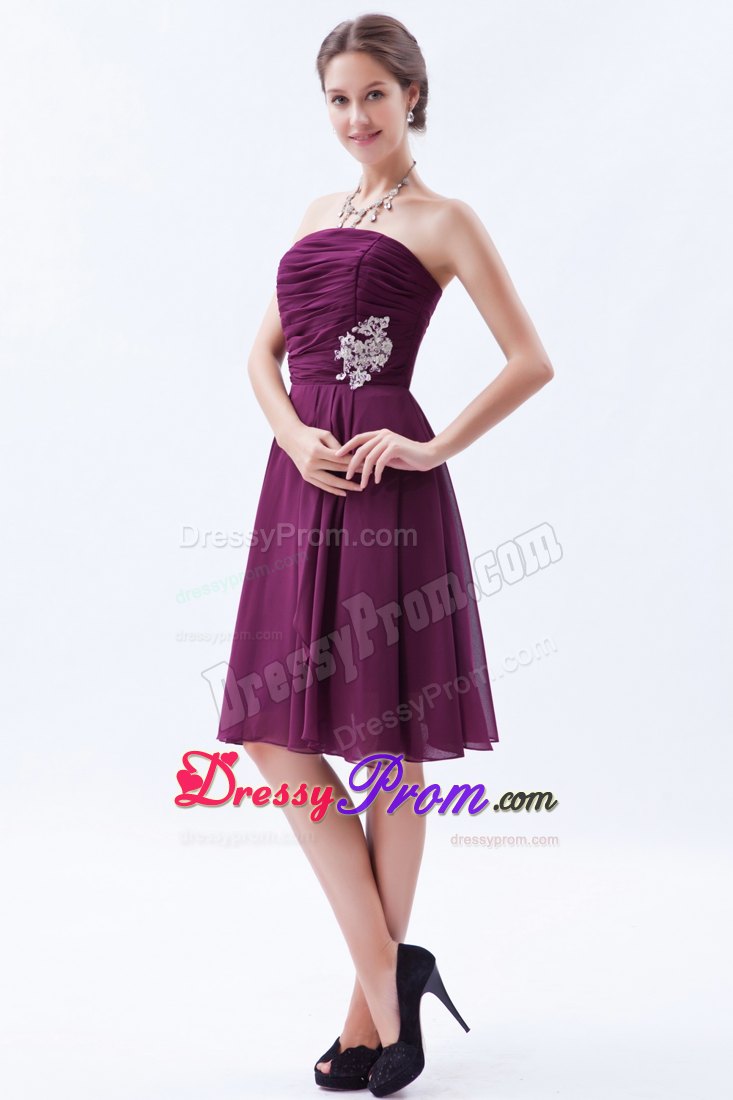 A-line Strapless Dark Purple Chiffon Prom Graduation Dress with Appliques