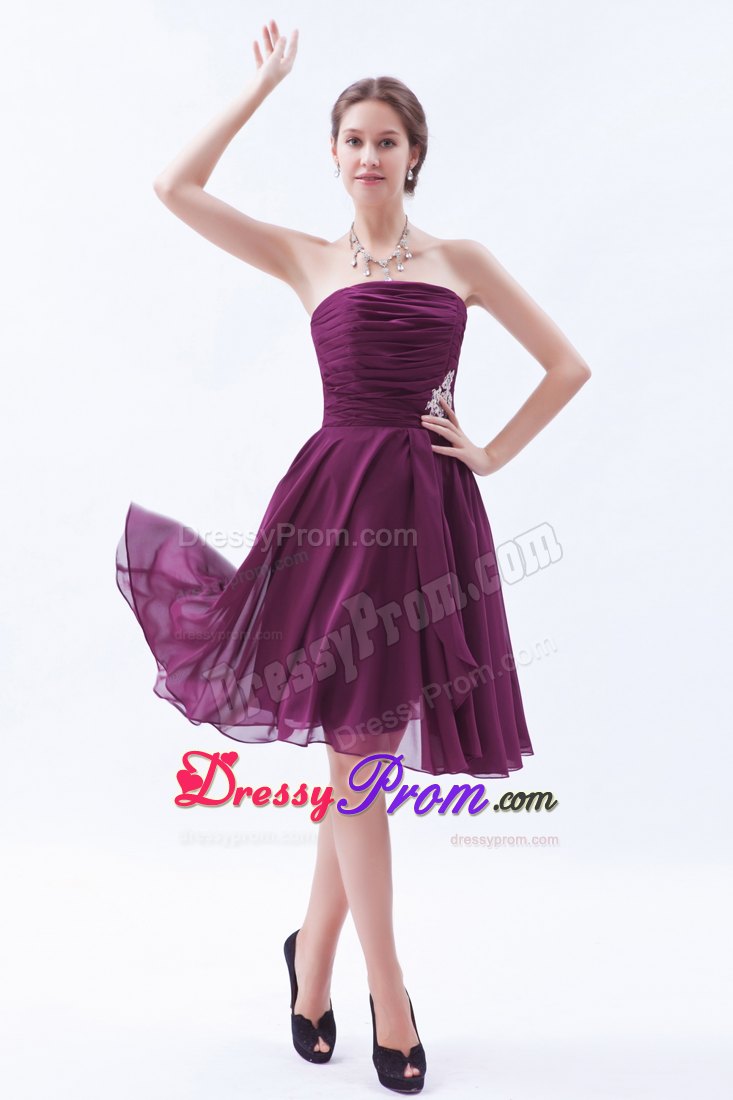 A-line Strapless Dark Purple Chiffon Prom Graduation Dress with Appliques
