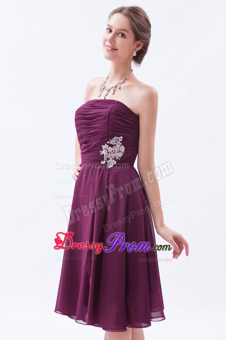 A-line Strapless Dark Purple Chiffon Prom Graduation Dress with Appliques