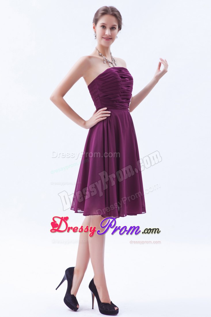 A-line Strapless Dark Purple Chiffon Prom Graduation Dress with Appliques