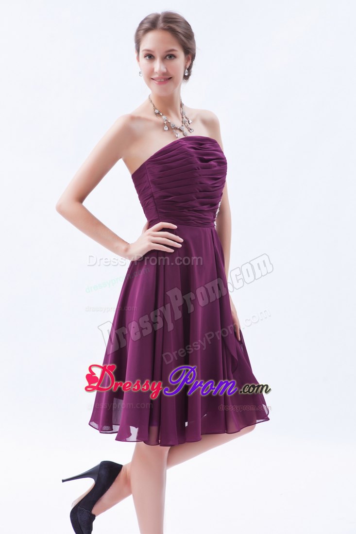 A-line Strapless Dark Purple Chiffon Prom Graduation Dress with Appliques