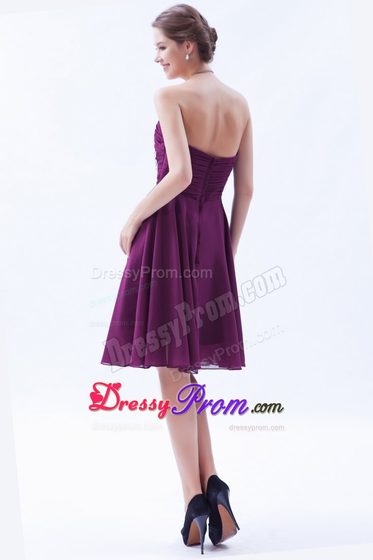 A-line Strapless Dark Purple Chiffon Prom Graduation Dress with Appliques