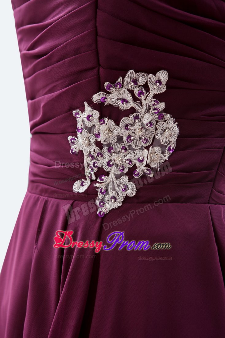 A-line Strapless Dark Purple Chiffon Prom Graduation Dress with Appliques
