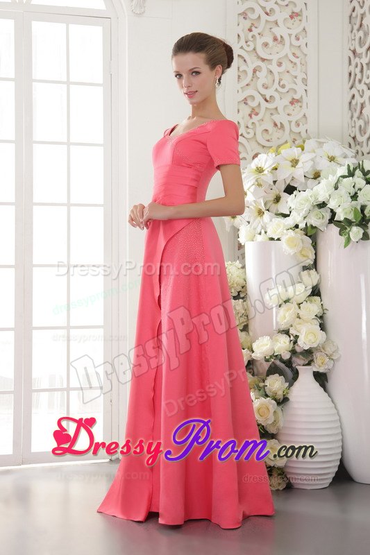 Scoop Short Sleeves Beaded Coral Red Prom Celebrity Dress