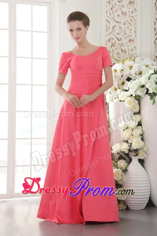 Scoop Short Sleeves Beaded Coral Red Prom Celebrity Dress