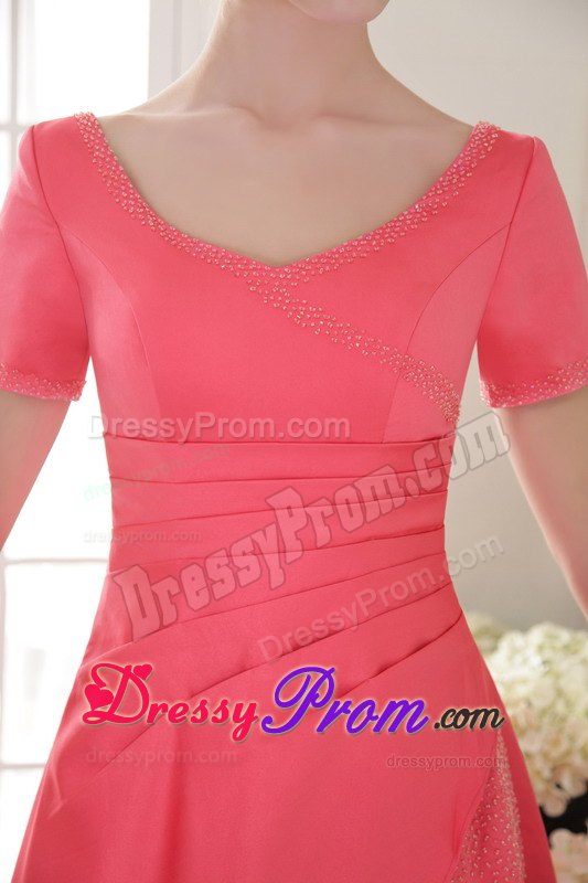 Scoop Short Sleeves Beaded Coral Red Prom Celebrity Dress