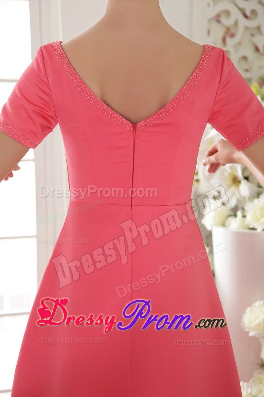 Scoop Short Sleeves Beaded Coral Red Prom Celebrity Dress