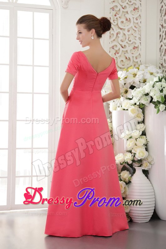 Scoop Short Sleeves Beaded Coral Red Prom Celebrity Dress