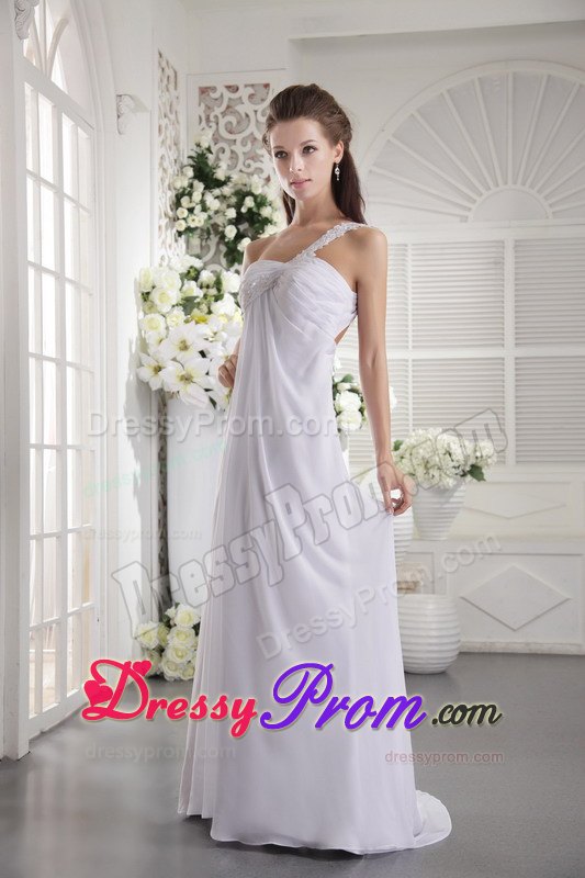 White One Shoulder Brush Train Appliqued Ruched Senior Prom